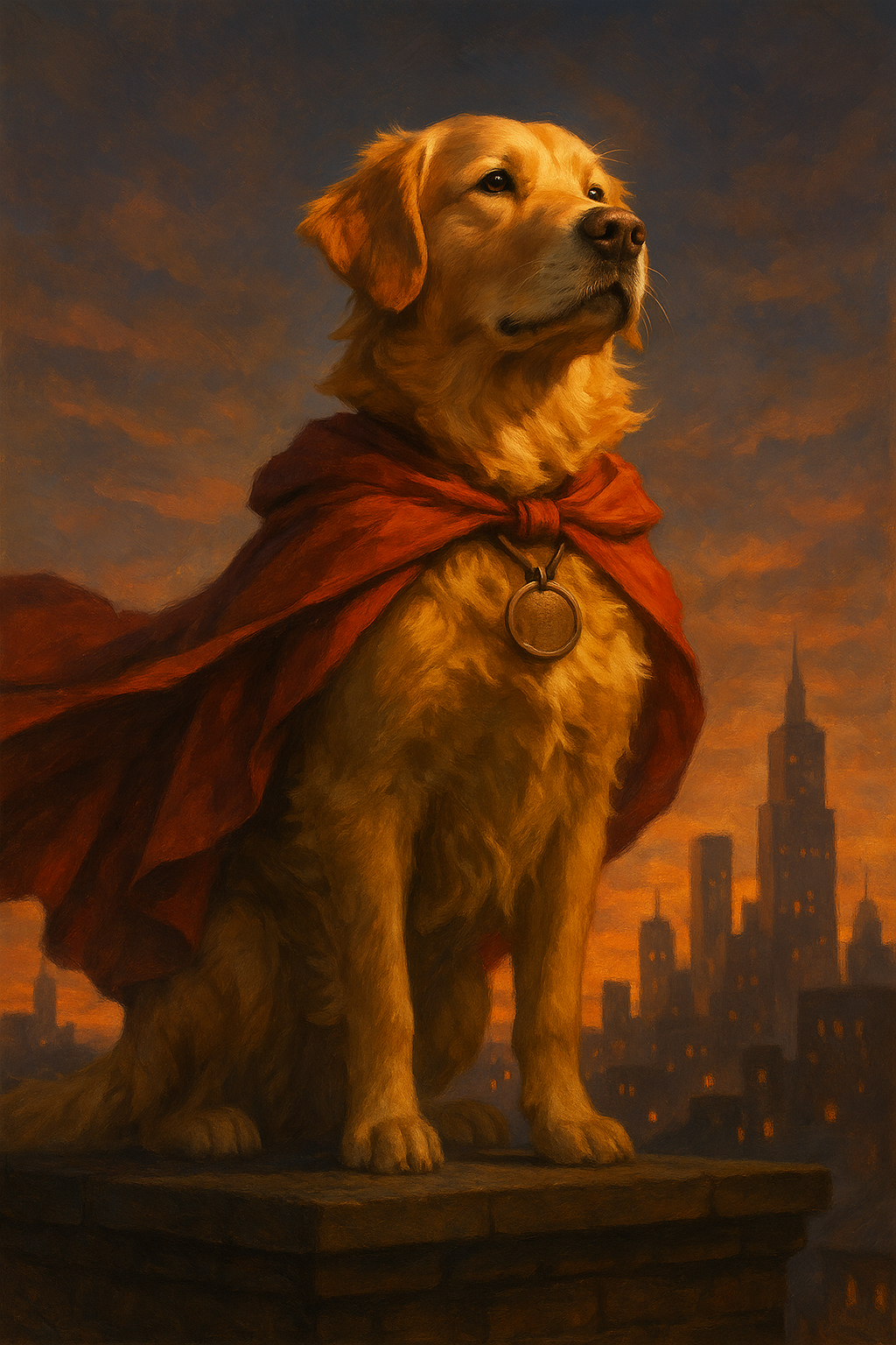 Superhero pet portrait of a caped dog from a photo
