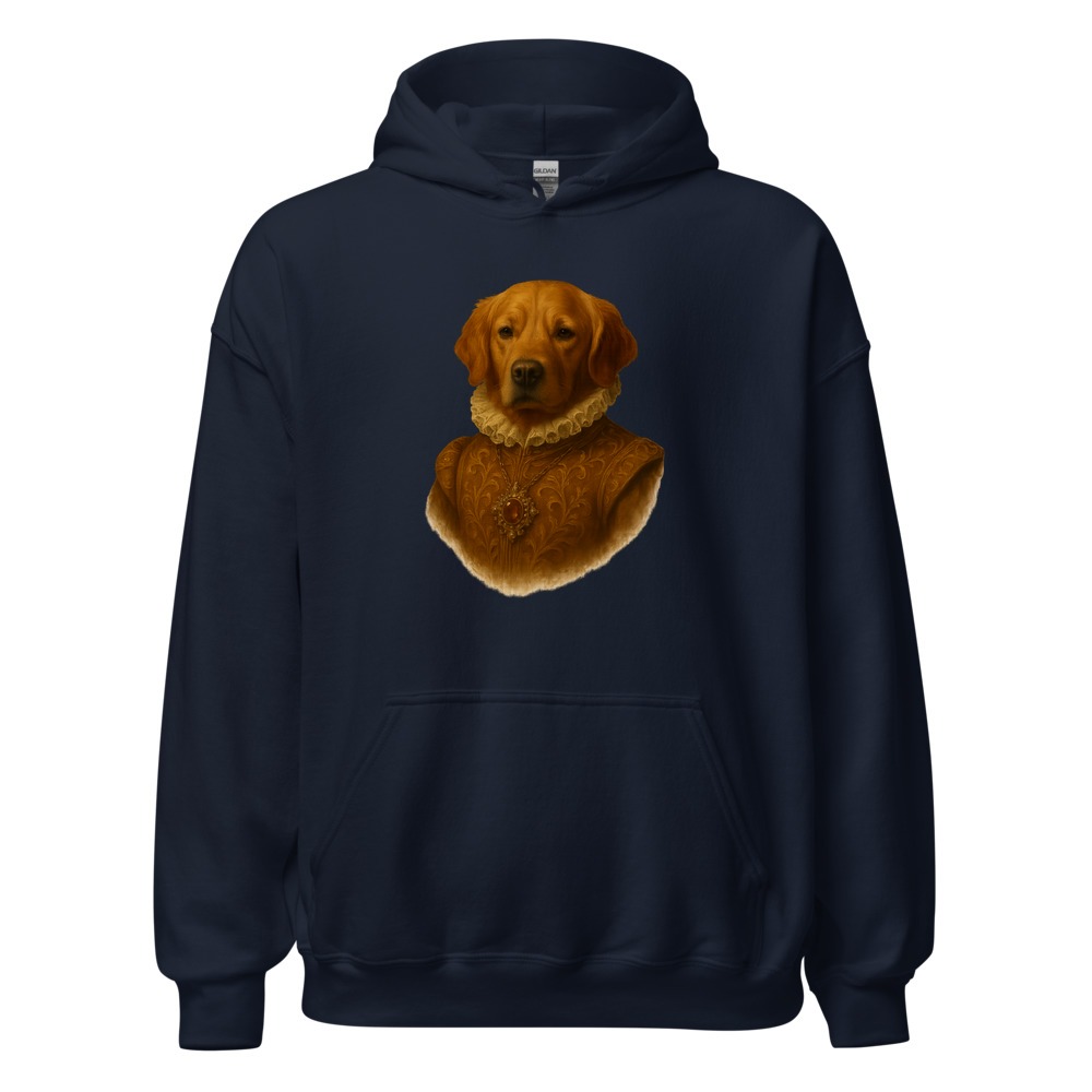 Custom pet portrait hoodie in navy — pet printed as a cut-out, no background box