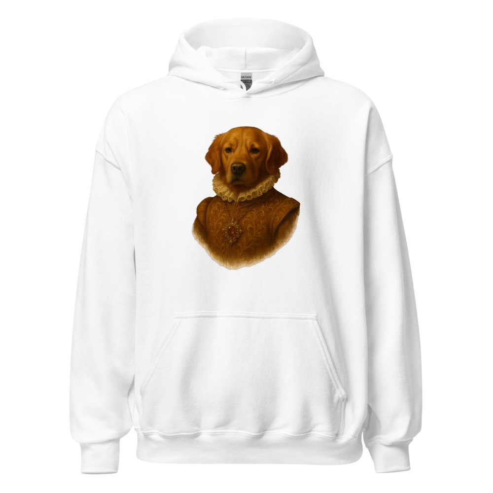 Custom pet portrait hoodie in white — pet printed as a cut-out, no background box