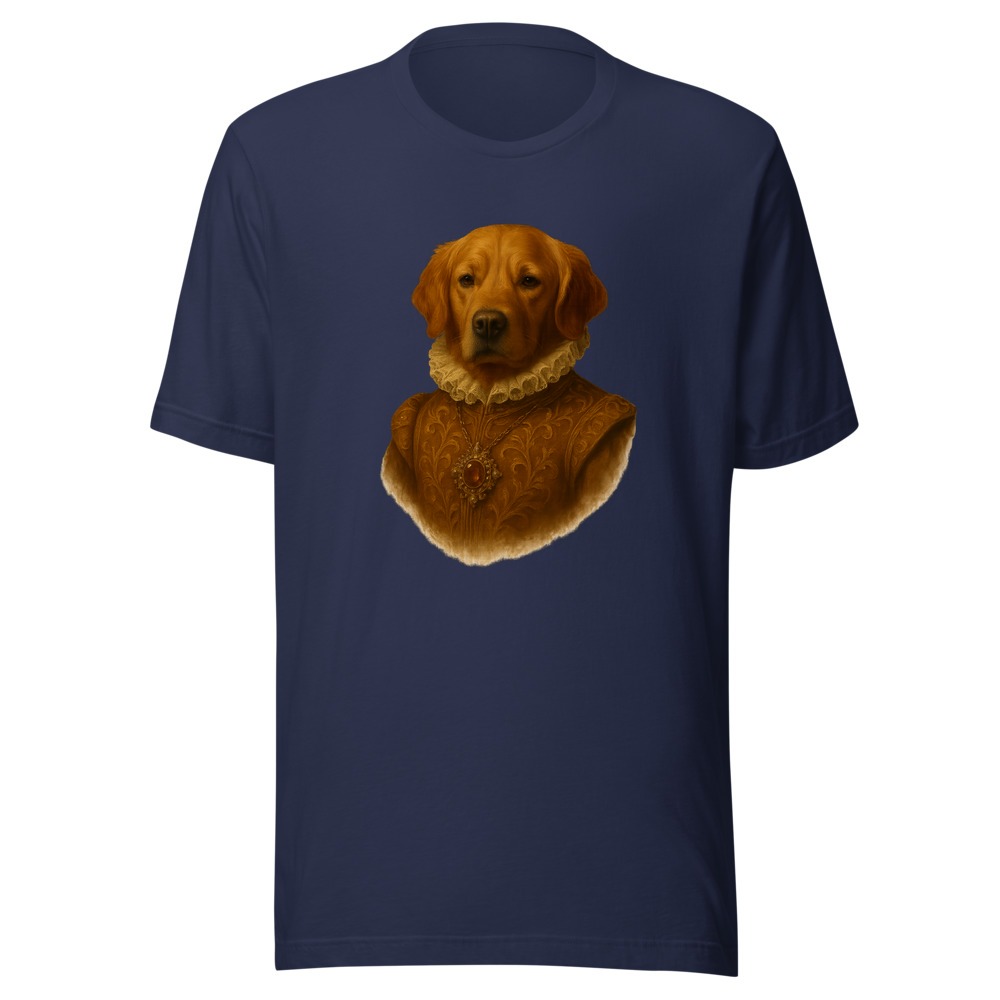Custom pet portrait t-shirt in navy — pet printed as a cut-out, no background box