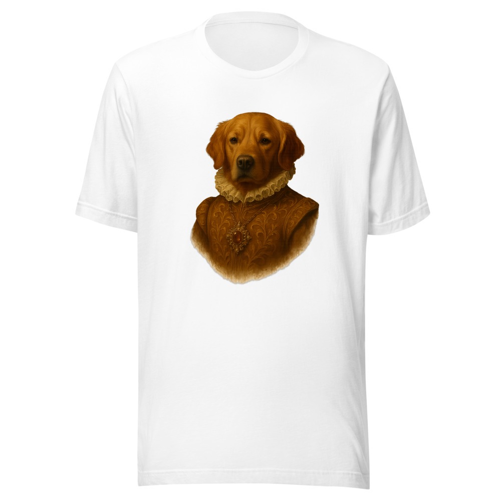 Custom pet portrait t-shirt in white — pet printed as a cut-out, no background box